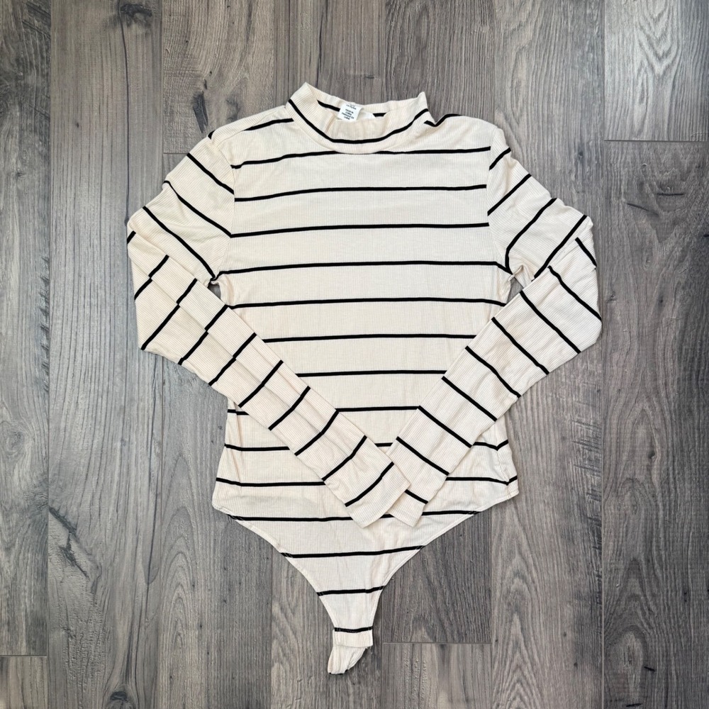 H M Ribbed Mock Neck Long Sleeve Striped Bodysuit Cream Black Women S